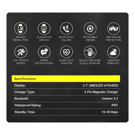 Yolo 2.1" Amoled Display Supreme+ Smart Watch, IP67 Water Resistance, Black - Image 5