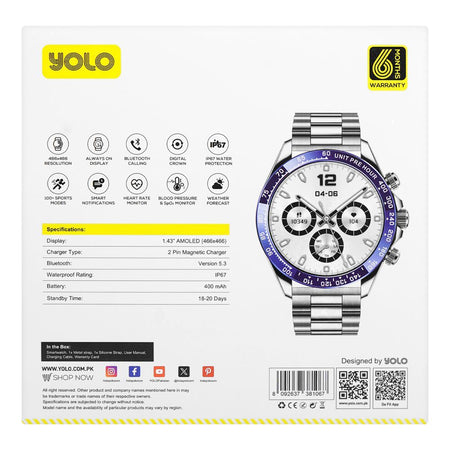 Yolo 1.43" Amoled Display Tag Smart Watch, IP67 Water Resistance, Silver - Image 6
