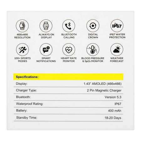 Yolo 1.43" Amoled Display Tag Smart Watch, IP67 Water Resistance, Silver - Image 7