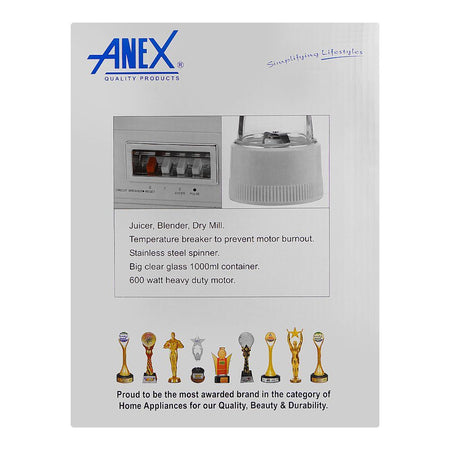 Anex Deluxe Juicer, Blender & Dry Mill, 600W, 1000ml Container, White, AG-176GL - Image 3