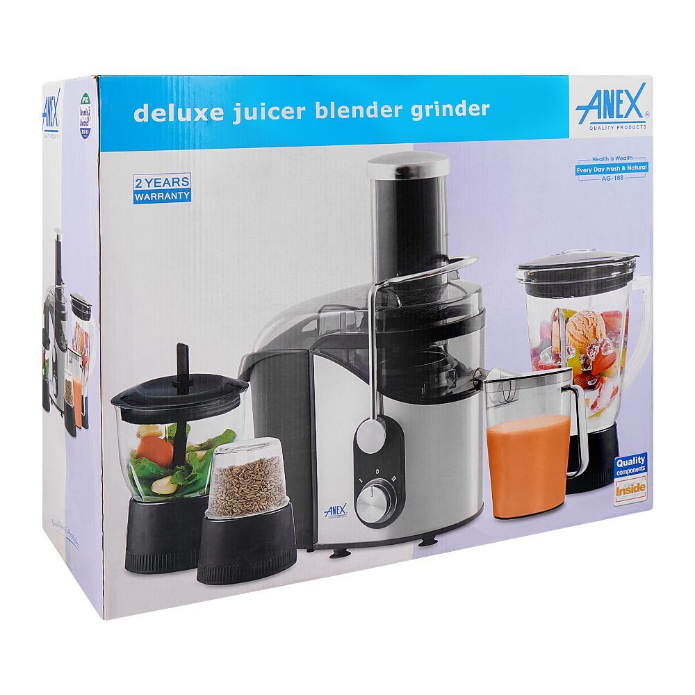 Anex Deluxe Juicer, Blender & Grinder, 800W, 1700ml Pulp & 500ml Juice Container, Black, AG-188 - Image 2