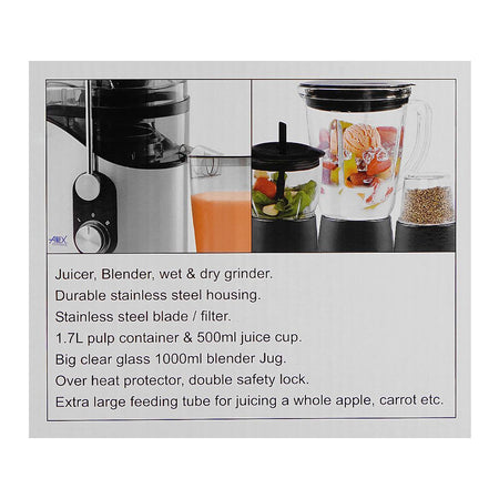 Anex Deluxe Juicer, Blender & Grinder, 800W, 1700ml Pulp & 500ml Juice Container, Black, AG-188 - Image 5