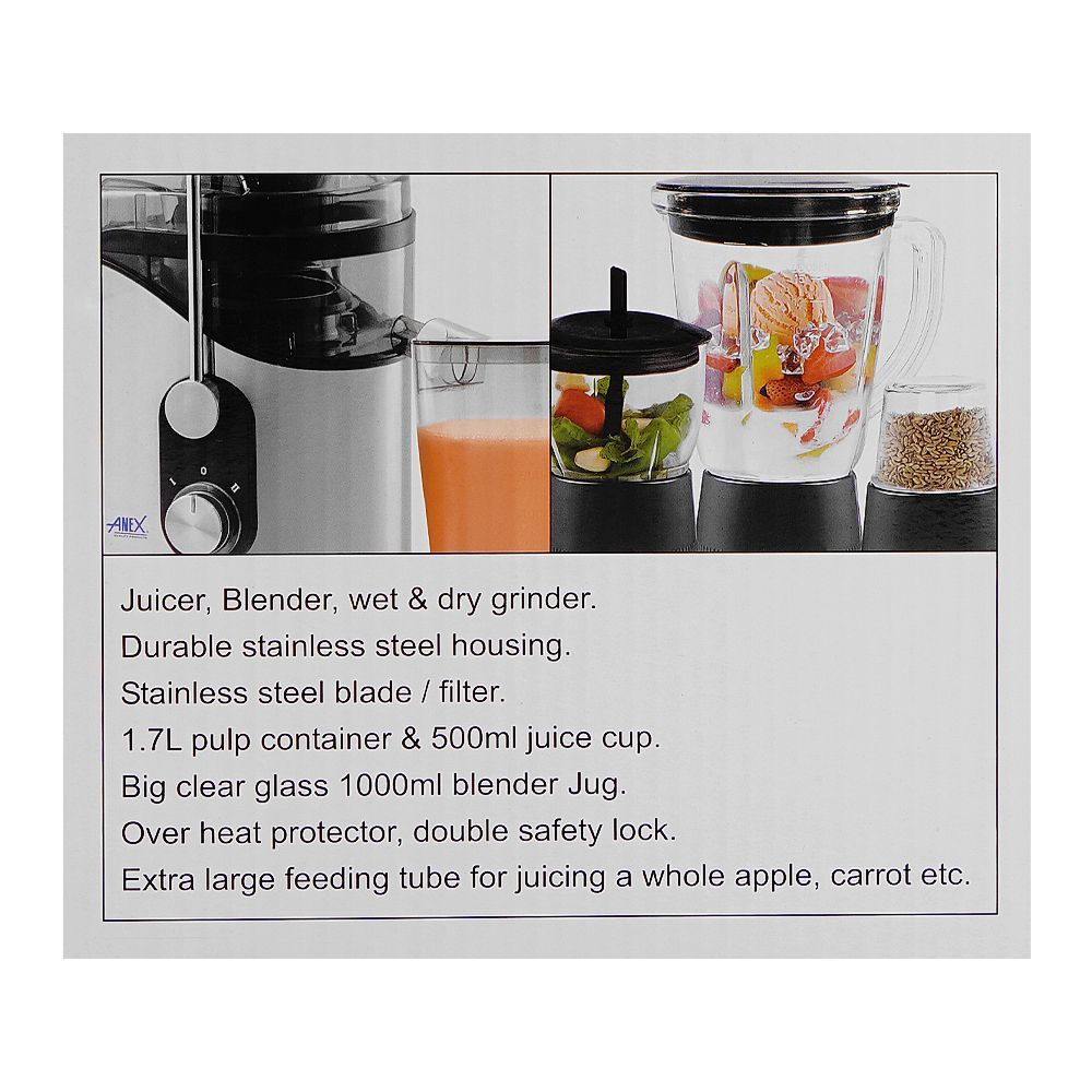 Anex Deluxe Juicer, Blender & Grinder, 800W, 1700ml Pulp & 500ml Juice Container, Black, AG-188 - Image 5