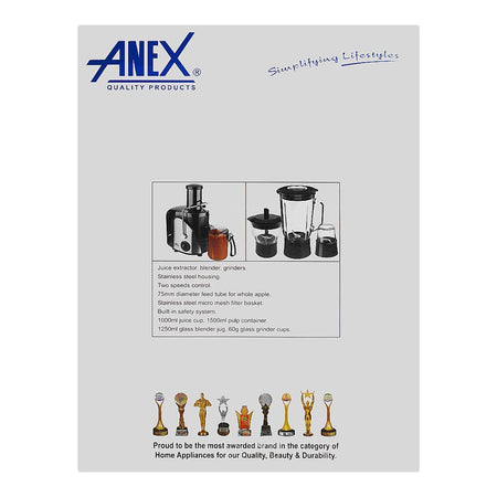 Anex Deluxe Juicer, Blender & Grinder, 600W, Black, AG-189 - Image 3