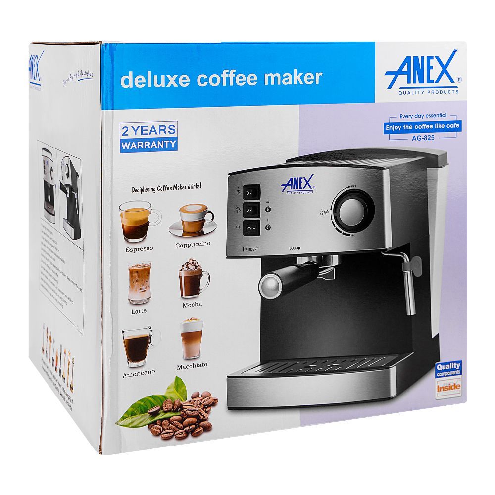 Anex Deluxe Espresso Coffee Maker, 850W, 1600ml Water Tank, Black & Silver, AG-825 - Image 2