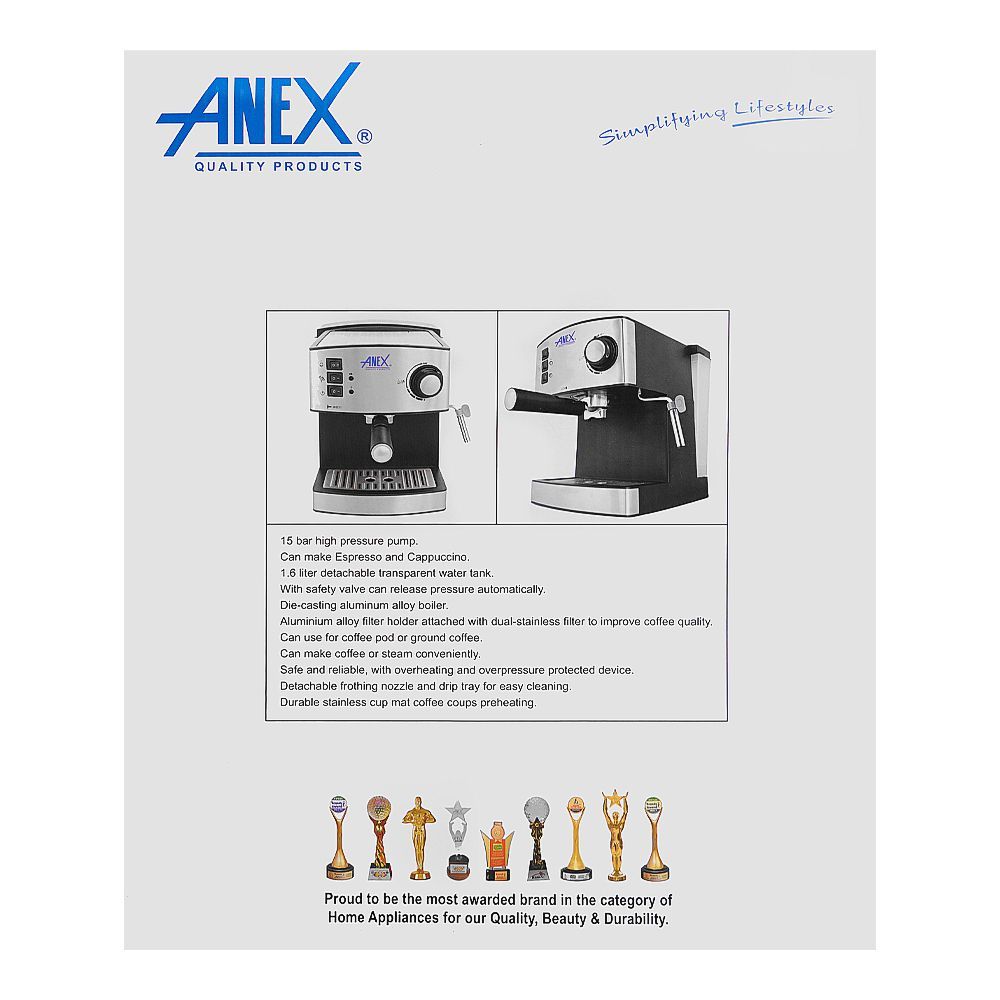 Anex Deluxe Espresso Coffee Maker, 850W, 1600ml Water Tank, Black & Silver, AG-825 - Image 3