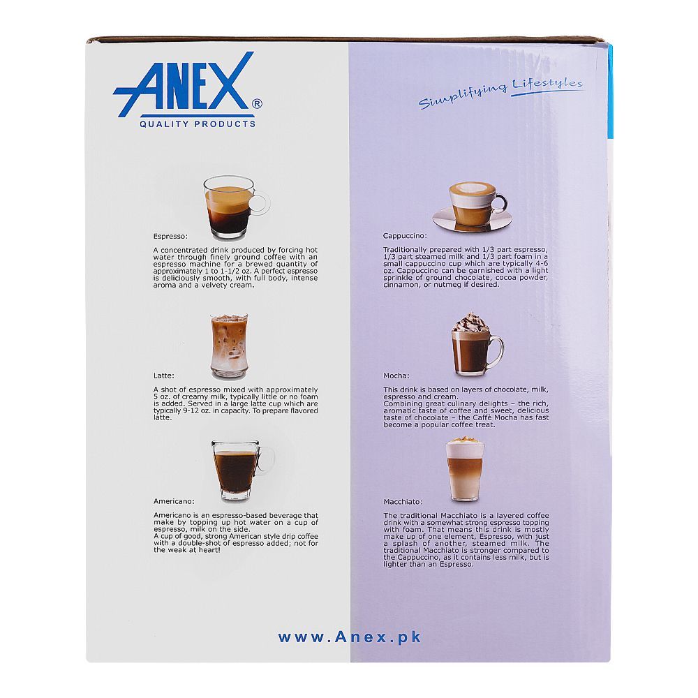 Anex Deluxe Espresso Coffee Maker, 850W, 1600ml Water Tank, Black & Silver, AG-825 - Image 4