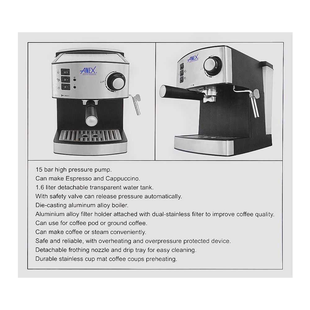 Anex Deluxe Espresso Coffee Maker, 850W, 1600ml Water Tank, Black & Silver, AG-825 - Image 5