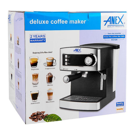 Anex Deluxe Espresso Coffee Maker, 850W, 1600ml Water Tank, Black & Silver, AG-826 - Image 2