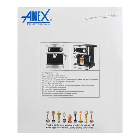 Anex Deluxe Espresso Coffee Maker, 850W, 1600ml Water Tank, Black & Silver, AG-826 - Image 4