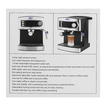 Anex Deluxe Espresso Coffee Maker, 850W, 1600ml Water Tank, Black & Silver, AG-826 - Image 5