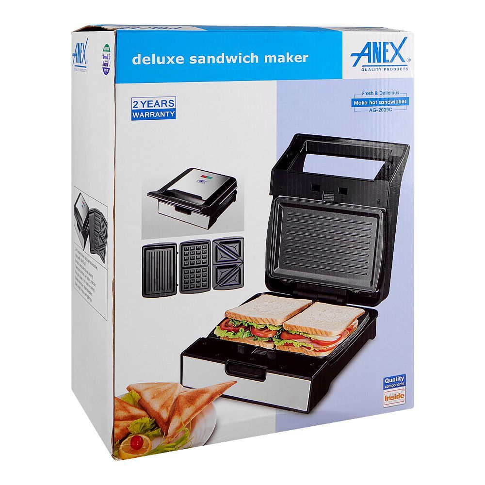 Anex Deluxe 3 In 1 Sandwich Maker, 700-800W, Black & Silver, AG-2039C - Image 2