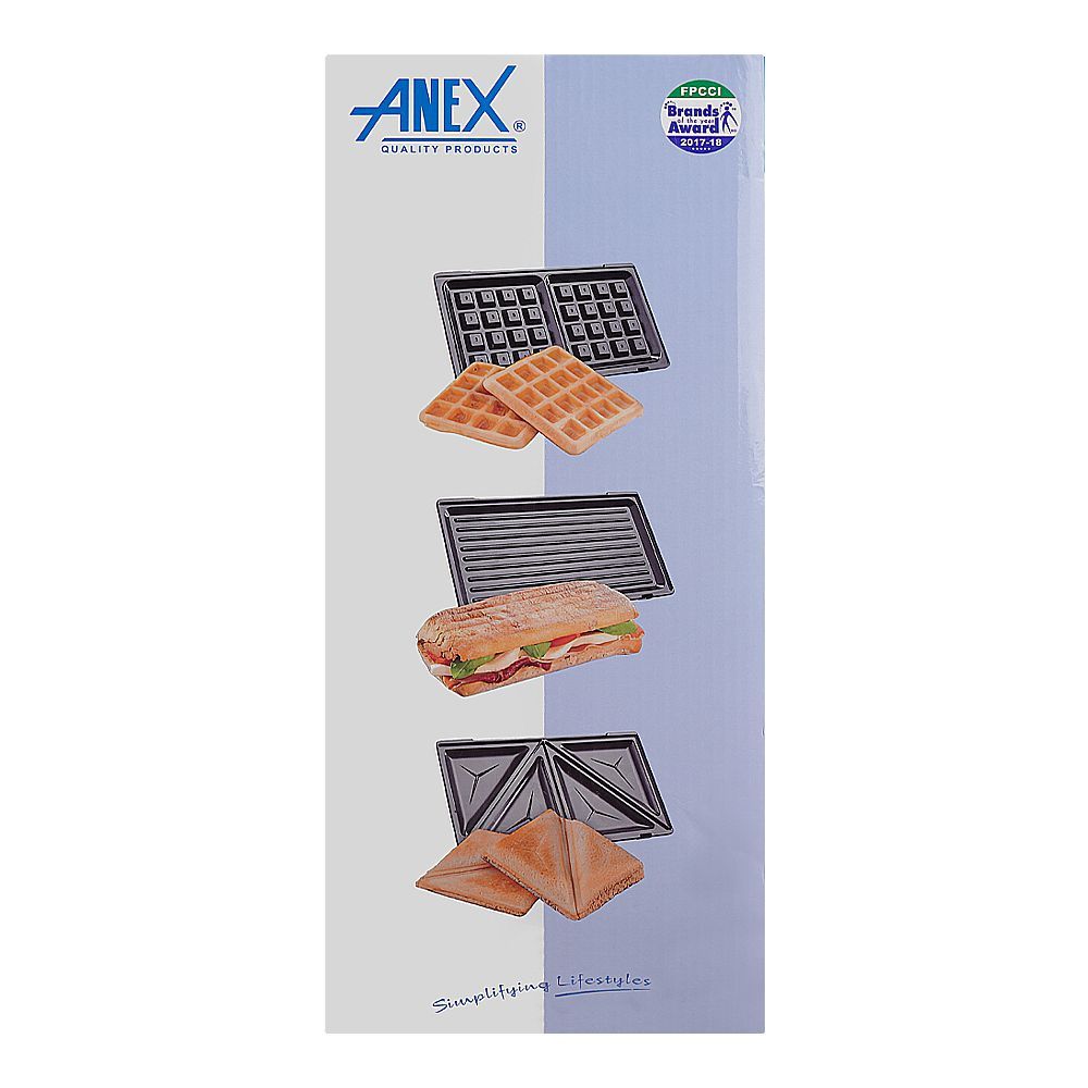 Anex Deluxe 3 In 1 Sandwich Maker, 700-800W, Black & Silver, AG-2039C - Image 3