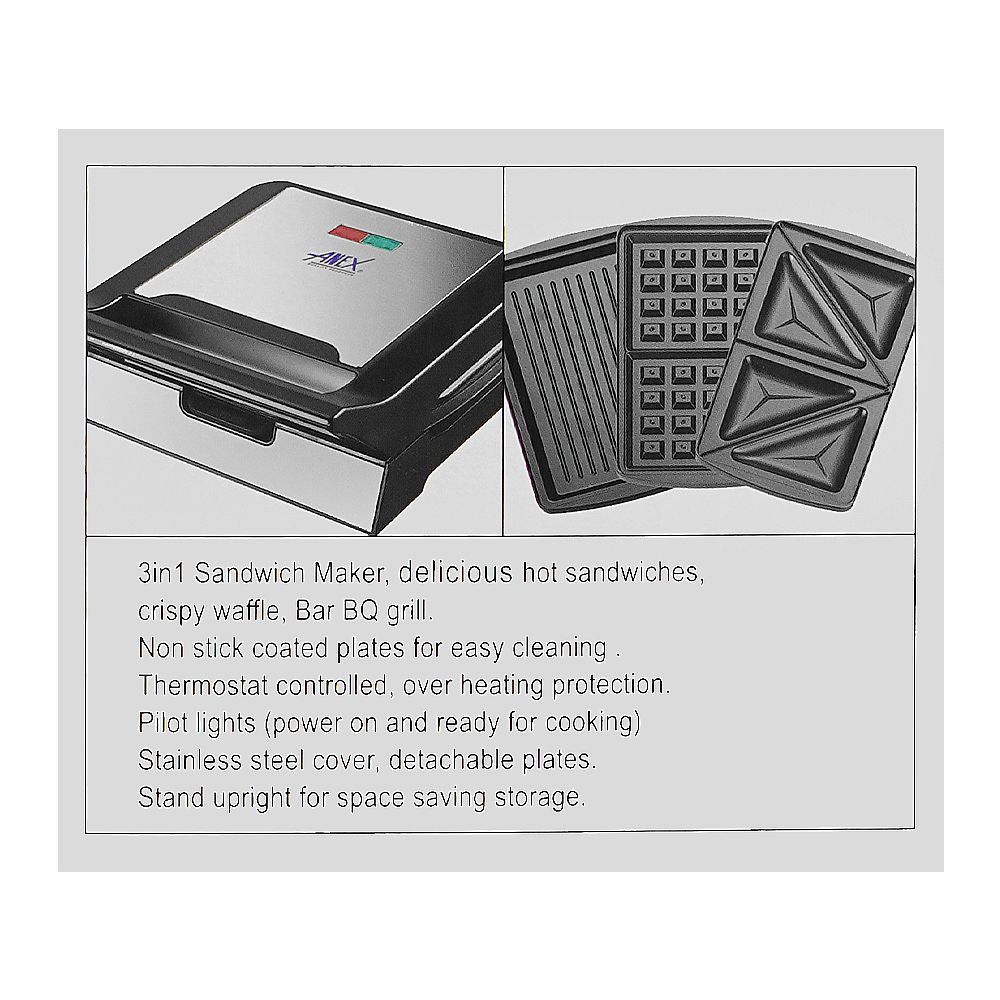 Anex Deluxe 3 In 1 Sandwich Maker, 700-800W, Black & Silver, AG-2039C - Image 5