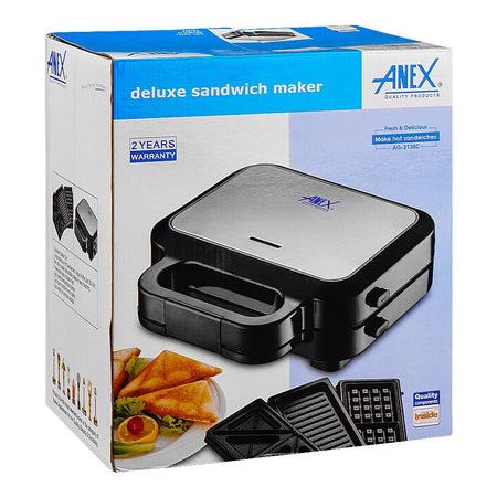 Anex Deluxe 3 In 1 Sandwich Maker, 750W, Black & Silver, AG-2139 - Image 2