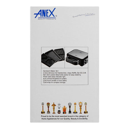 Anex Deluxe 3 In 1 Sandwich Maker, 750W, Black & Silver, AG-2139 - Image 4