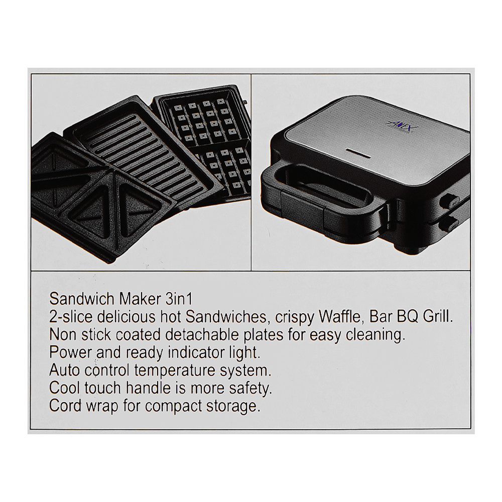 Anex Deluxe 3 In 1 Sandwich Maker, 750W, Black & Silver, AG-2139 - Image 5