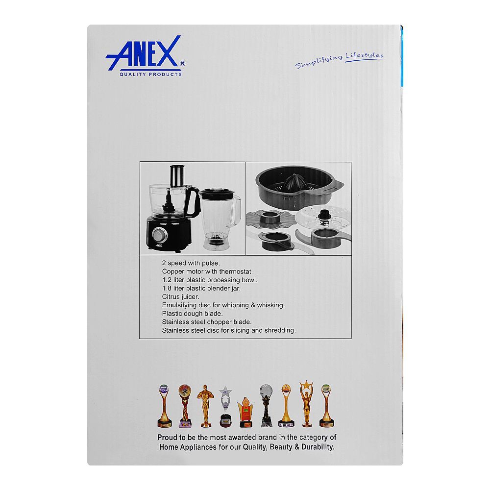 Anex Deluxe Chopper & Blender, 800W, Plastic 1200ml Bowl & 1800 Jar, Black & Silver, AG-3145 - Image 4