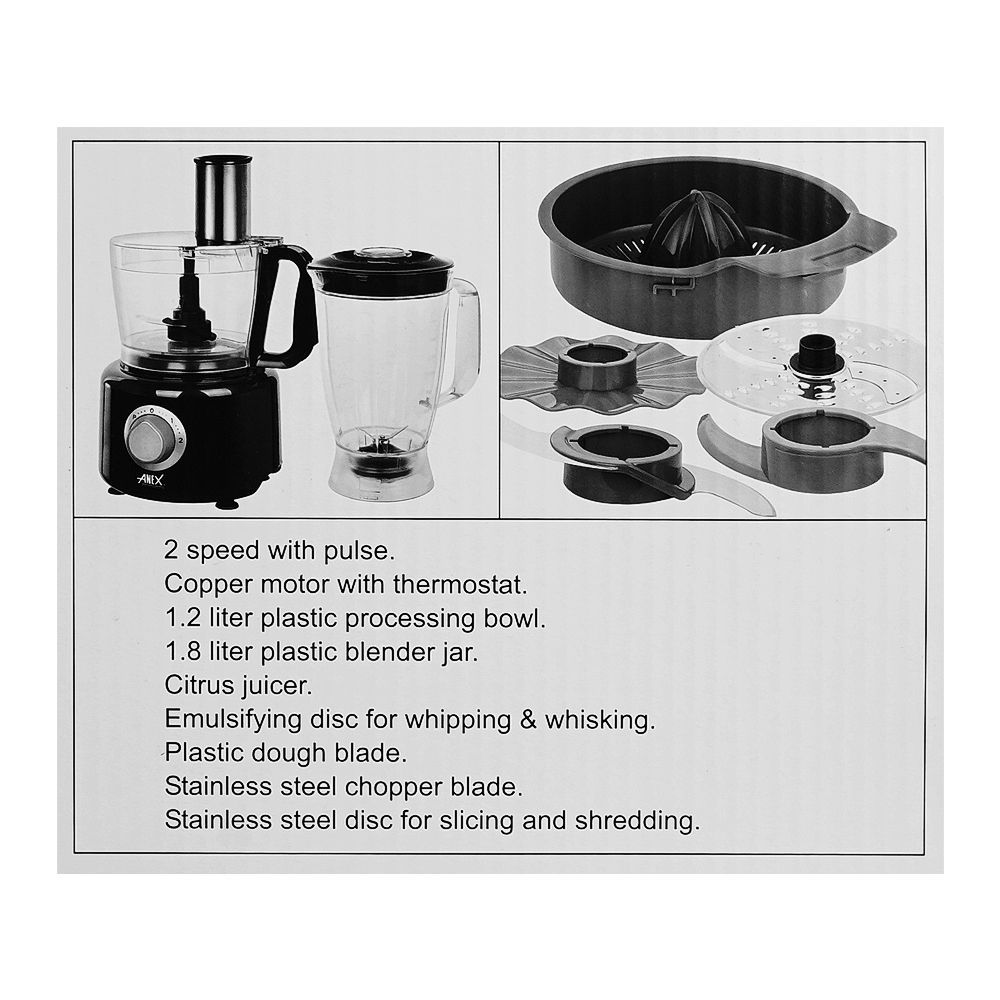 Anex Deluxe Chopper & Blender, 800W, Plastic 1200ml Bowl & 1800 Jar, Black & Silver, AG-3145 - Image 5