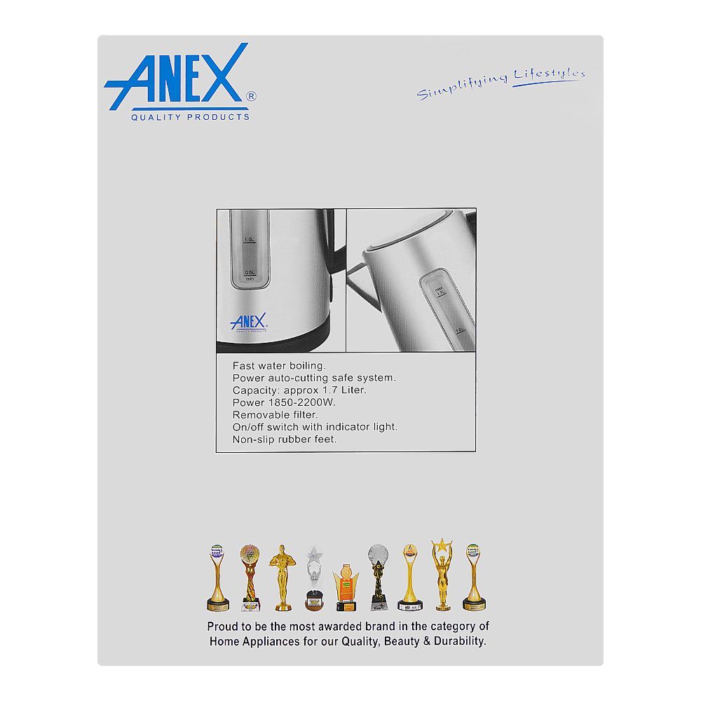 Anex Deluxe Kettle, 1850-2200W, Approx. 1700ml Capacity, Black & Silver, AG-4047 - Image 3