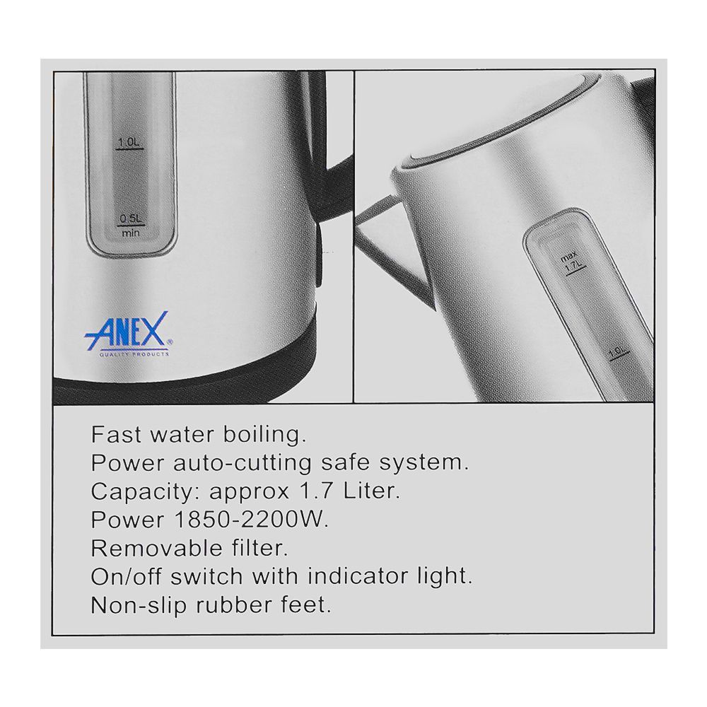 Anex Deluxe Kettle, 1850-2200W, Approx. 1700ml Capacity, Black & Silver, AG-4047 - Image 4