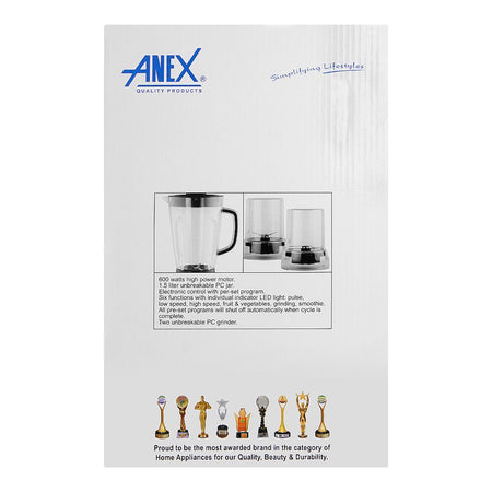 Anex Deluxe Blender & Grinder, 600W, 1500ml Jar, Black, AG-6046 - Image 3