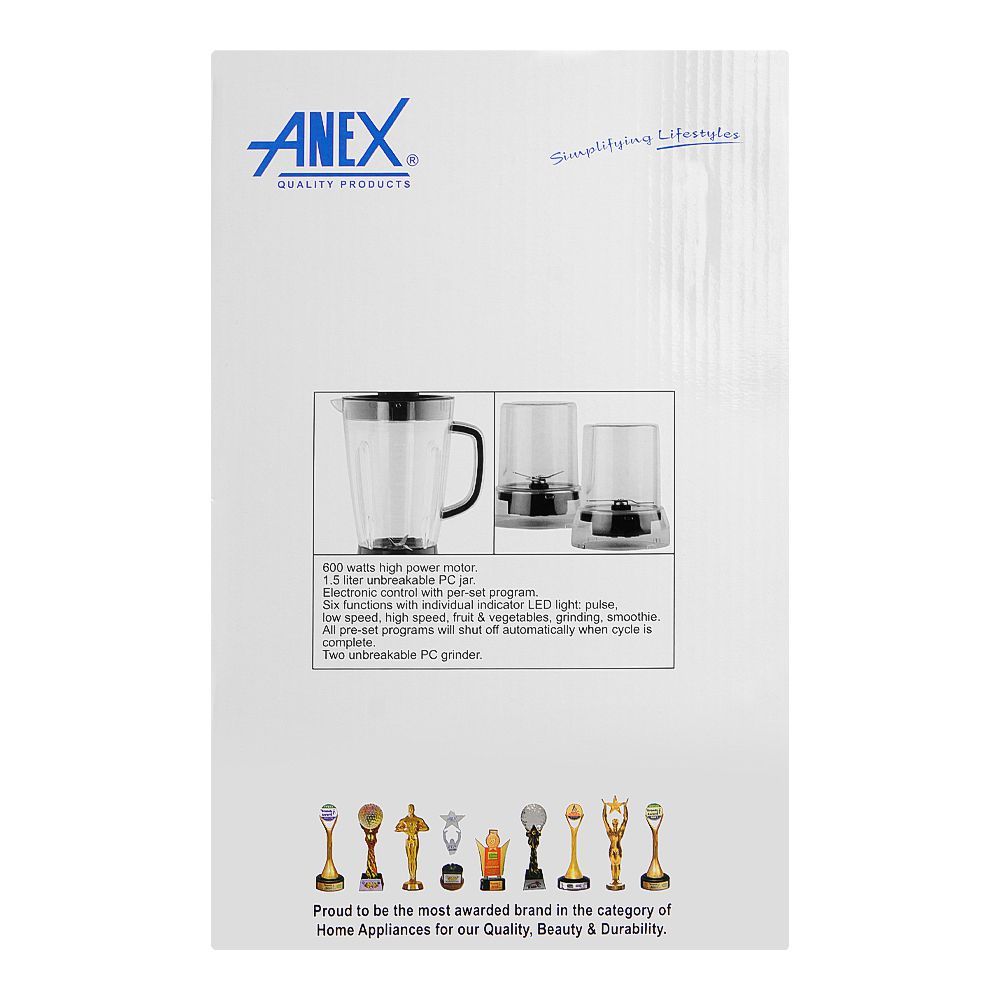 Anex Deluxe Blender & Grinder, 600W, 1500ml Jar, Black, AG-6046 - Image 3