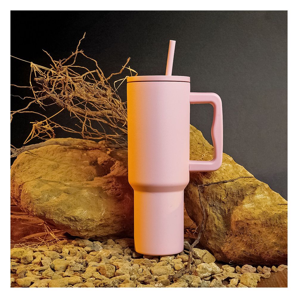 AJF Plain Stainless Steel Vacuum Insulated Tumbler With Lid & Straw, 1180ml, Pink - Main Image