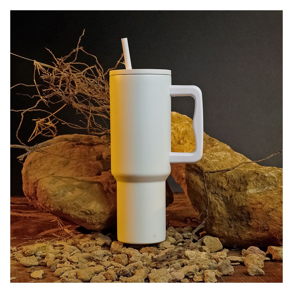 AJF Plain Stainless Steel Vacuum Insulated Tumbler With Lid & Straw, 1180ml, White - Main Image