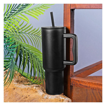 AJF Plain Stainless Steel Vacuum Insulated Tumbler With Lid & Straw, 1180ml, Black - Main Image