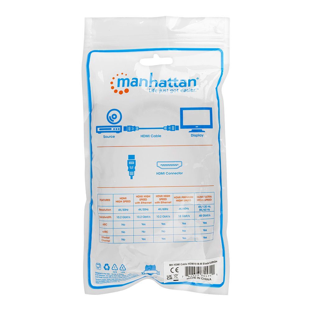 Manhattan HDMI Cable, 2m, Male To Male, Black, 19m-355711 - Image 2