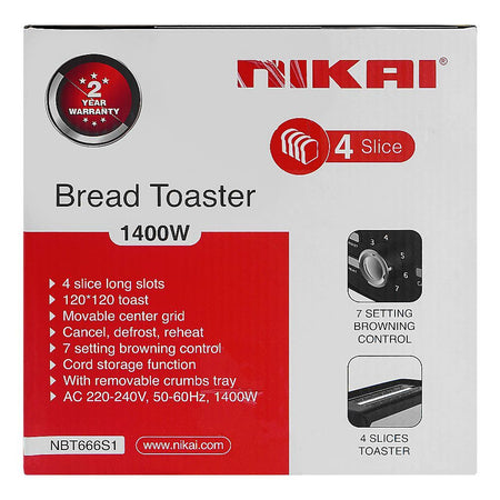 Nikai 4 Slice Bread Toaster, 1400W, NBT666S1 - Image 3