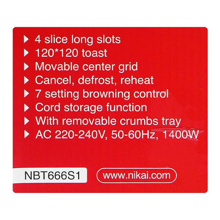 Nikai 4 Slice Bread Toaster, 1400W, NBT666S1 - Image 5