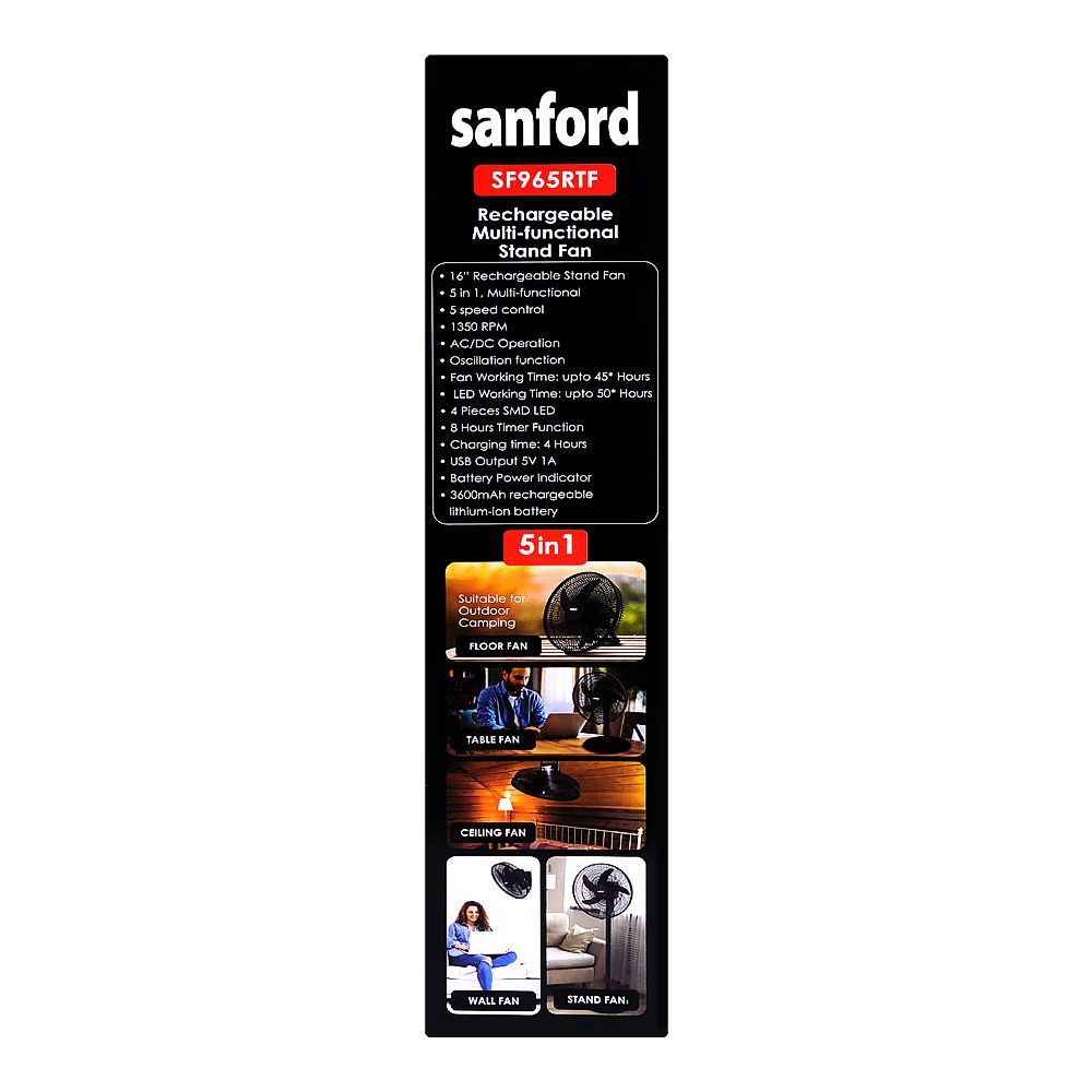 Sanford 5 In 1 Rechargeable Multi-Functional Stand Fan, SF965RTF - Image 4