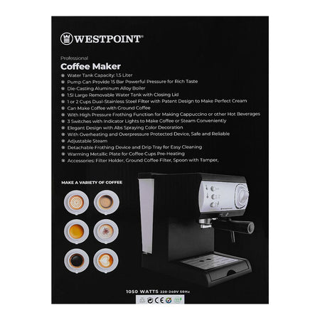 West Point Professional Coffee Machine/Maker, 1500ml Water Tank, WF-2024 - Image 3