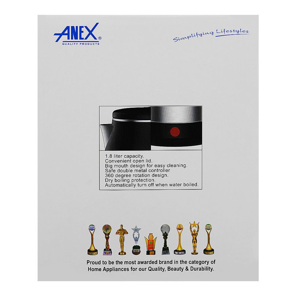 Anex Deluxe Electric Kettle, 1800ml Capacity, 1500W, Black & Silver, AG-4062 - Image 4