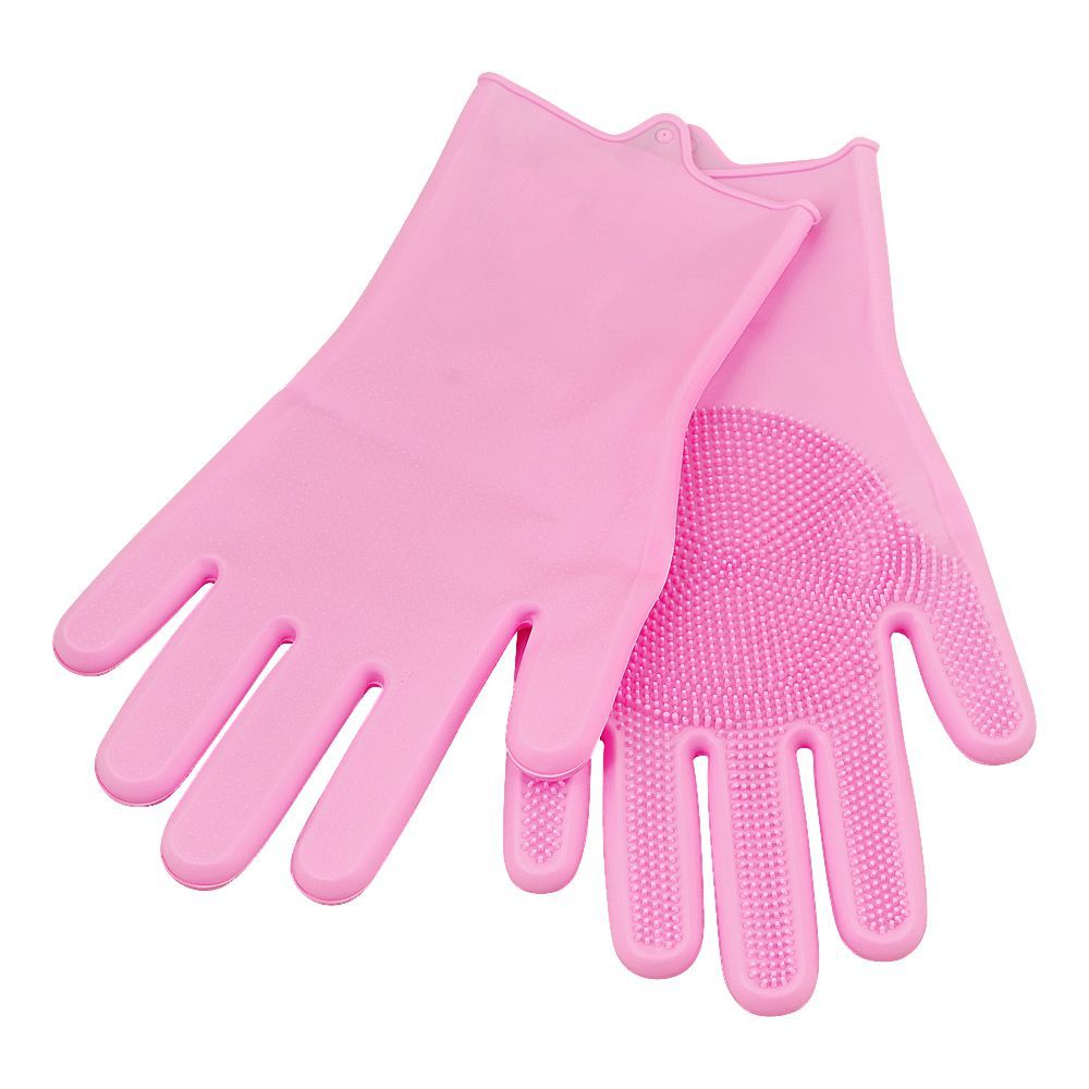 Silicone Dishwashing Rubber Gloves With Scrubber, Pink, 1-Pair - Main Image