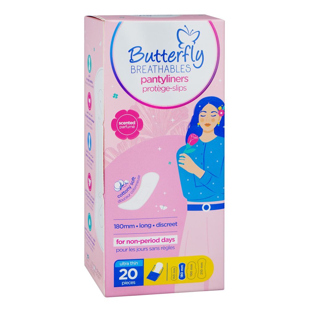 Butterfly Breathables Ultra Thin Cottony Soft Scented Panty Liners, Long, 20-Pack - Main Image