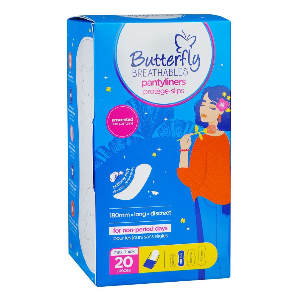 Butterfly Breathables Maxi Thick Cottony Soft Unscented Panty Liners, Long, 20-Pack - Main Image
