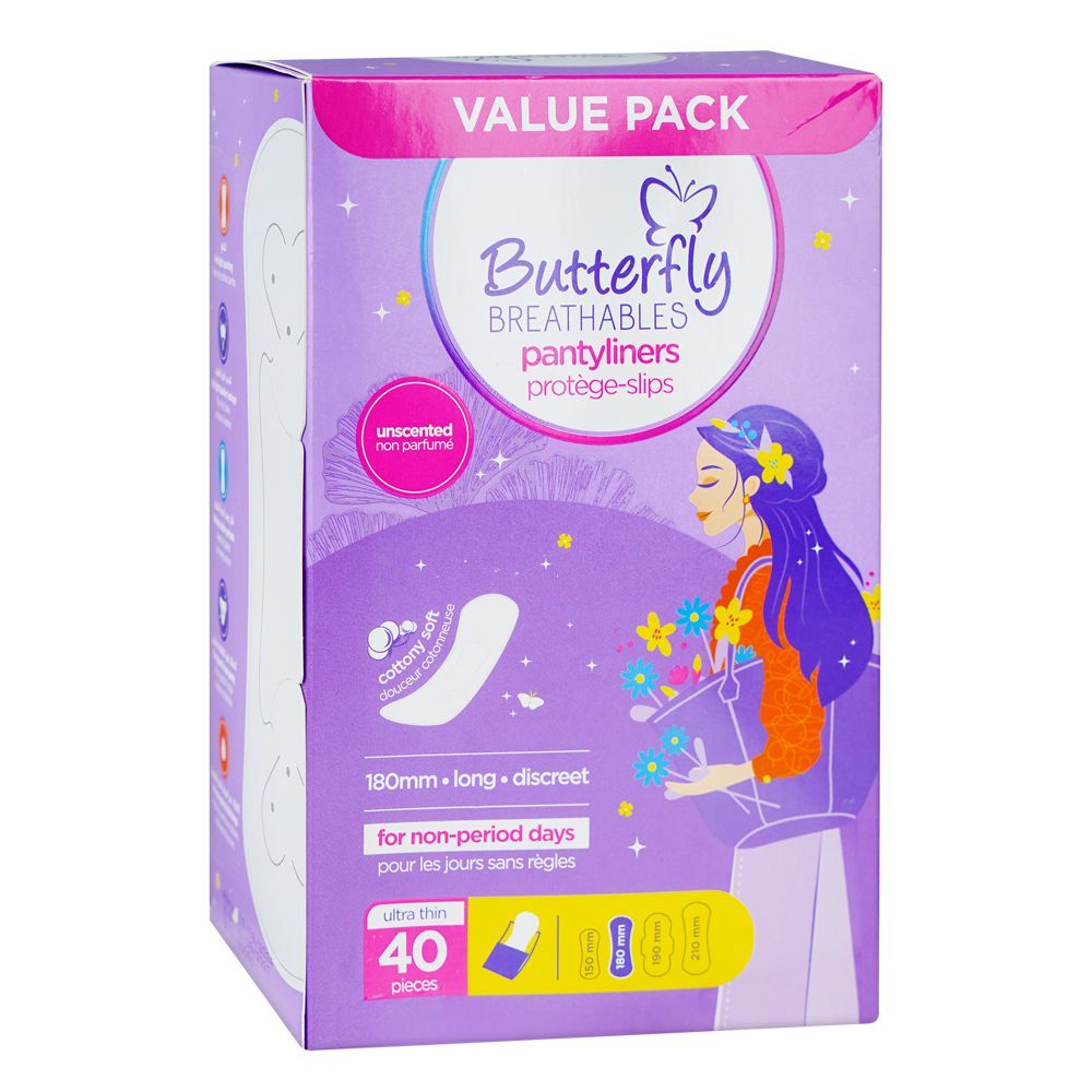Butterfly Breathables Ultra Thin Cottony Soft Unscented Panty Liners, Long, 40-Pack - Main Image