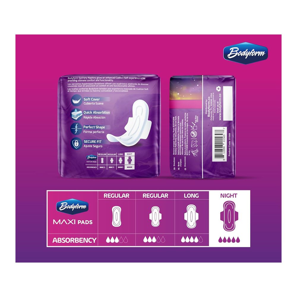 Bodyform Cushion Soft Overnight Maxi Sanitary Pads With Wings, 8-Pack - Image 2