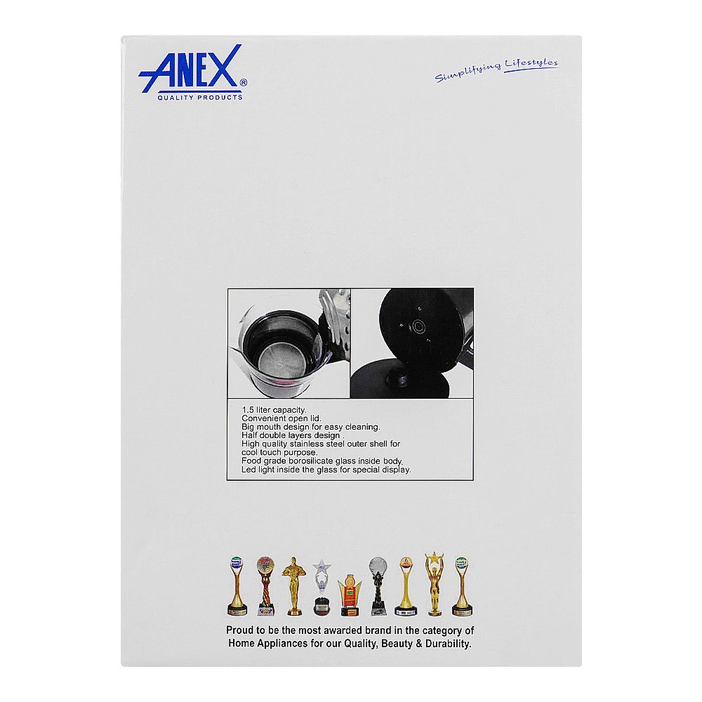 Anex Deluxe Electric Kettle, 1500ml Capacity, 1350W, Black & Silver, AG-4066 - Image 4