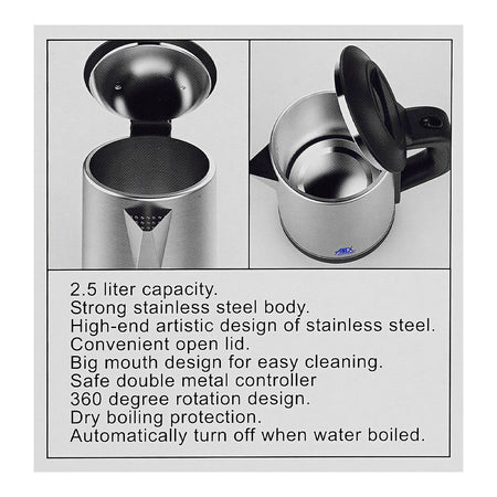 Anex Deluxe Electric Kettle, 2500ml Capacity, 1500W, Black & Silver, AG-4058 - Image 6