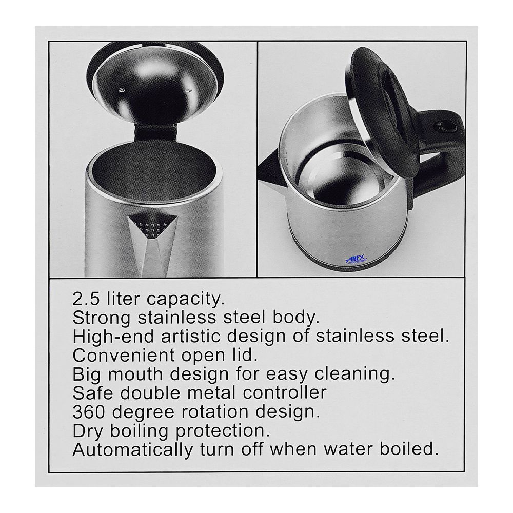 Anex Deluxe Electric Kettle, 2500ml Capacity, 1500W, Black & Silver, AG-4058 - Image 6