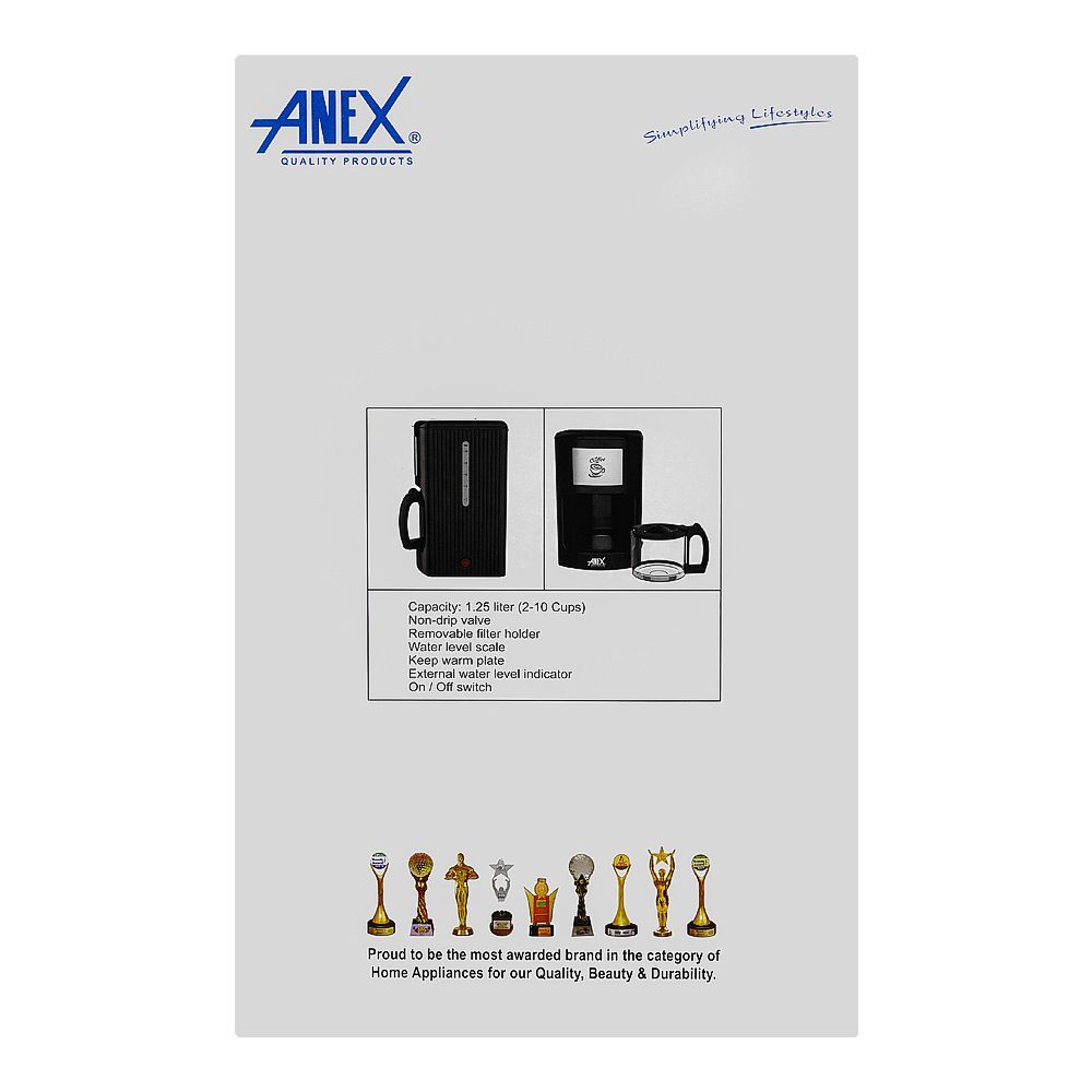 Anex Deluxe Coffee Machine/Maker, 1250ml Capacity (2-10 Cups), 915-1080W, Black, AG-811 - Image 5