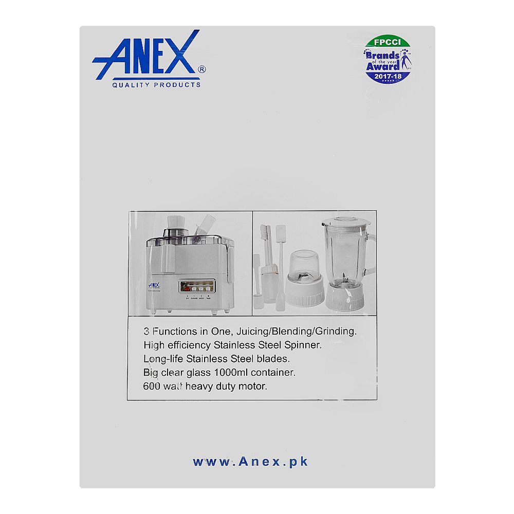 Anex Deluxe Juicer, Blender & Grinder, 600W, White, AG-178GL - Image 3