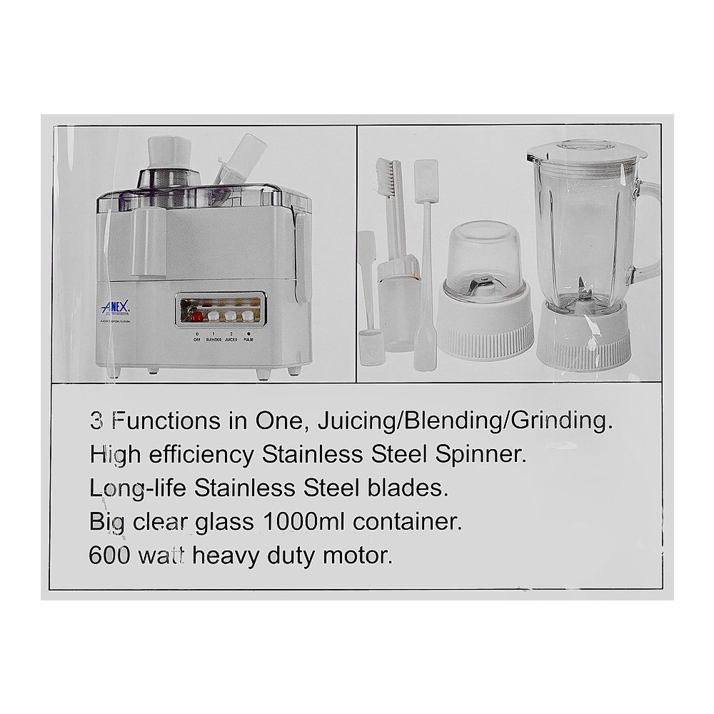 Anex Deluxe Juicer, Blender & Grinder, 600W, White, AG-178GL - Image 4