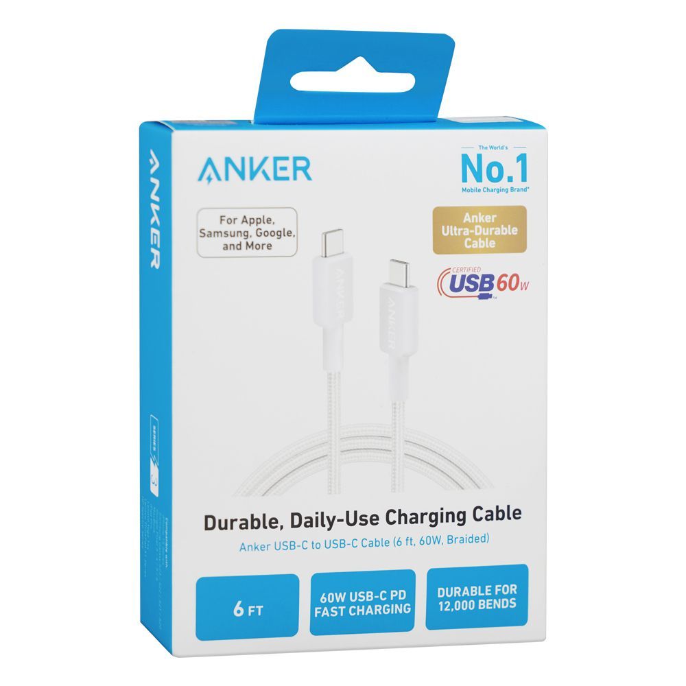 Anker 322 USB-C To USB-C Cable, 60W, 6FT, Braided White, A81F6H21 - Image 2