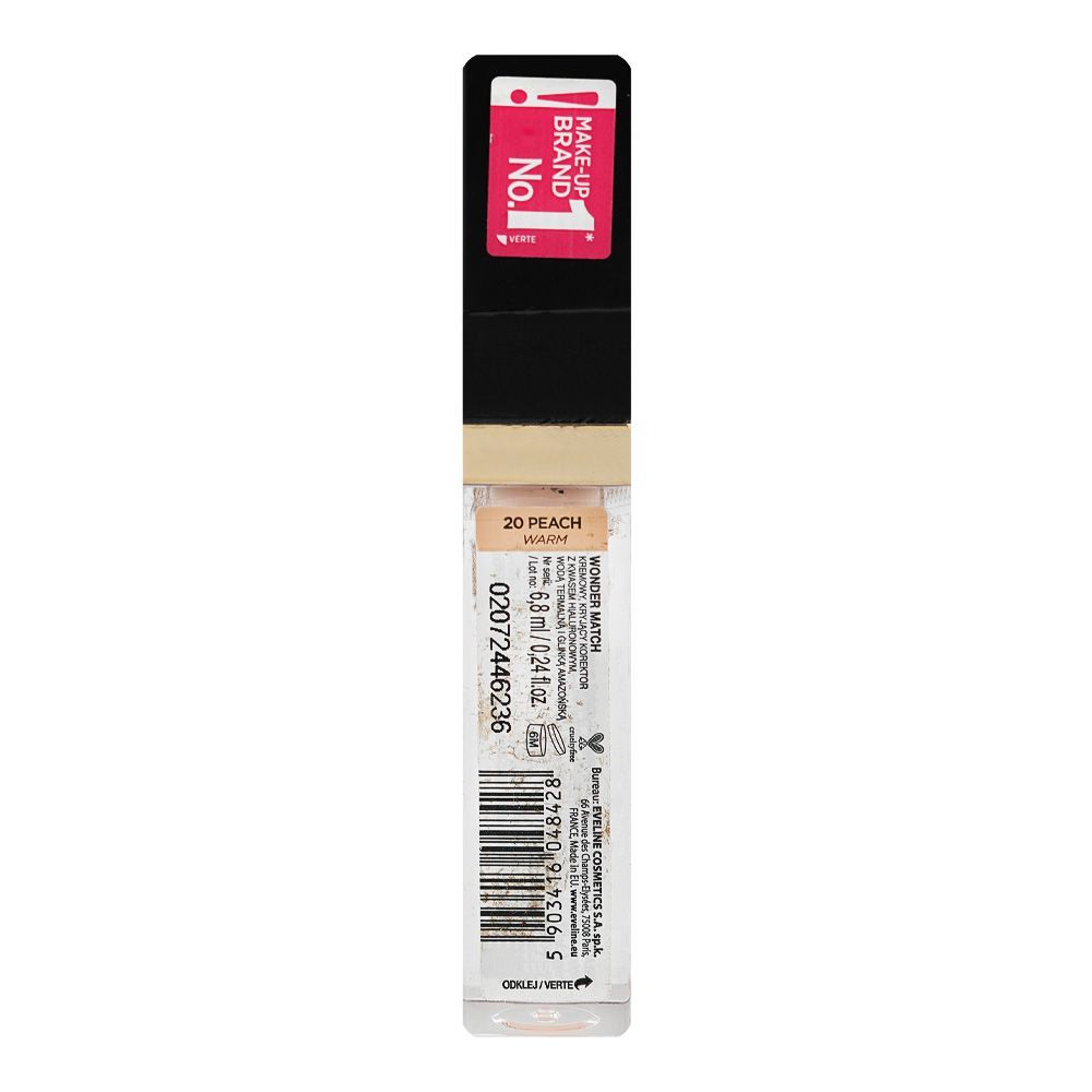 Eveline Wonder Match Skin Absolute Perfection Coverage Creamy Concealer, Hyaluronic Acid, 20 Peach, 6.8ml - Image 2