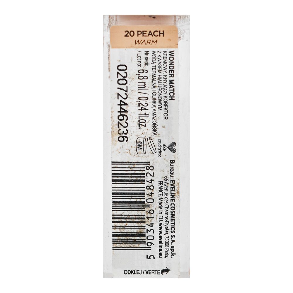 Eveline Wonder Match Skin Absolute Perfection Coverage Creamy Concealer, Hyaluronic Acid, 20 Peach, 6.8ml - Image 4